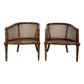 Vintage Faux Bamboo Caned Back Barrel Chairs, a Pair For Sale