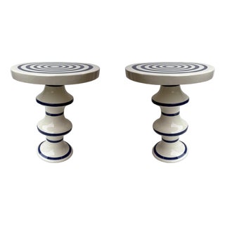 Contemporary Pair of Blue and White Ceramic Stripe Side Tables. Italy For Sale