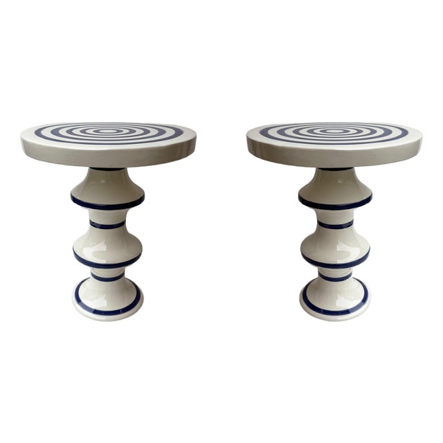 Contemporary Pair of Blue and White Ceramic Stripe Side Tables. Italy For Sale