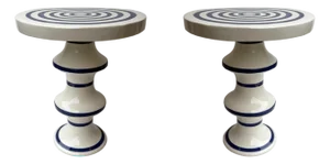 Contemporary Pair of Blue and White Ceramic Stripe Side Tables. Italy
