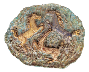 Large Mid-Century Handmade Ceramic Horses Wall Sculpture by Angelo Ungania, 1960s