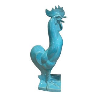 Vintage Turquoise Glazed Ceramic Rooster Figurine For Sale