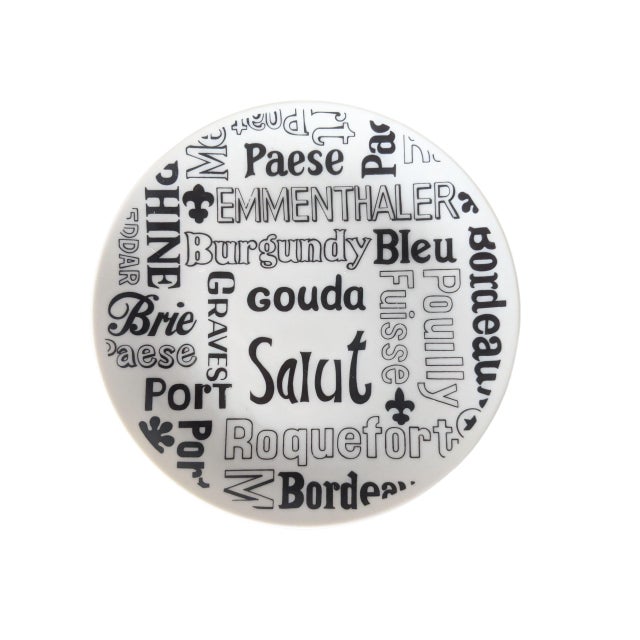 A Set of 5 Typography Style Serving Plates with different Fine Cheeses listed on the plates Would be perfect used with a...