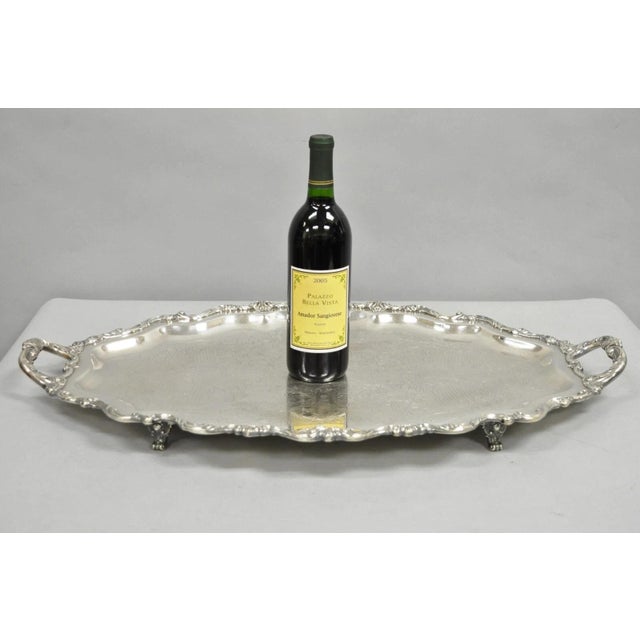 Antique Wallace Baroque Large 28" Silver Plated Serving Bar Tray with Twin Handles Raised on Ornate Feet. Circa Mid 20th...
