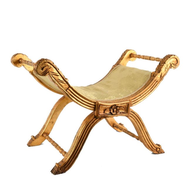 Late 20th Century French-Style Giltwood Upholstered Curule Vanity Bench in Pale Gold Damask For Sale - Image 5 of 9