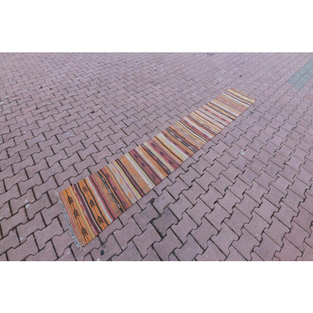 1960s Scandinavian Tribal Hand Knotted Colorful Striped Kilim Runner Rug Size: 1.8 x 10.2 ft ( 52 x 312 cm) 20 x 122...
