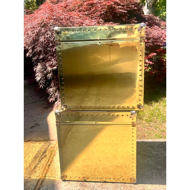 Vintage Pair 1970s Large Brass Cedar Lined Storage Trunk Styled After Sarried For Sale - Image 4 of 10