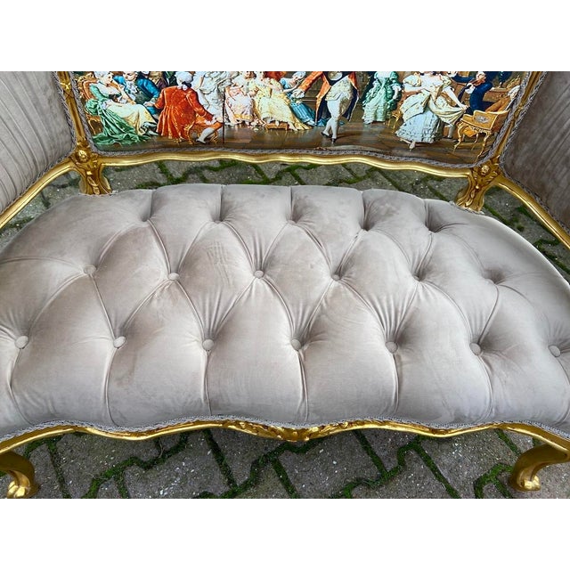 1970s 1975 French Louis XVI Gilded Beech Velvet & Silk Artwork Settee For Sale - Image 5 of 12