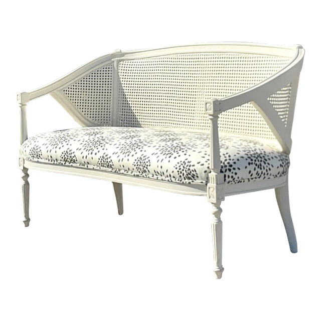 Vintage Regency Painted Cane Settee With Albert Hadley’s “Fireworks” For Sale