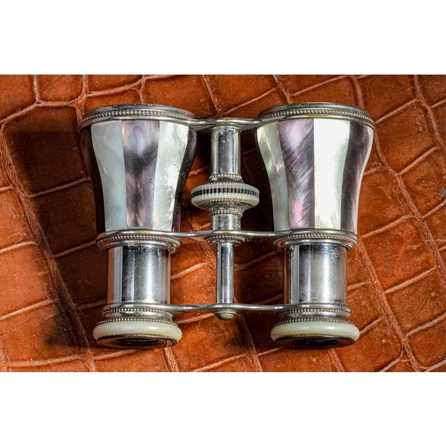 Beautiful Chrome Striped Purple and White Mother of Pearl Antique Victorian Opera Glasses With Leather Case For Sale In New York - Image 6 of 16