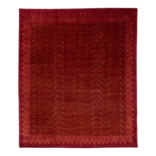 Contemporary Tibetan Wool & Silk Rug in Crimson and Gold With Art Deco Boder For Sale