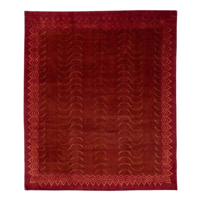 Contemporary Tibetan Wool & Silk Rug in Crimson and Gold With Art Deco Boder For Sale