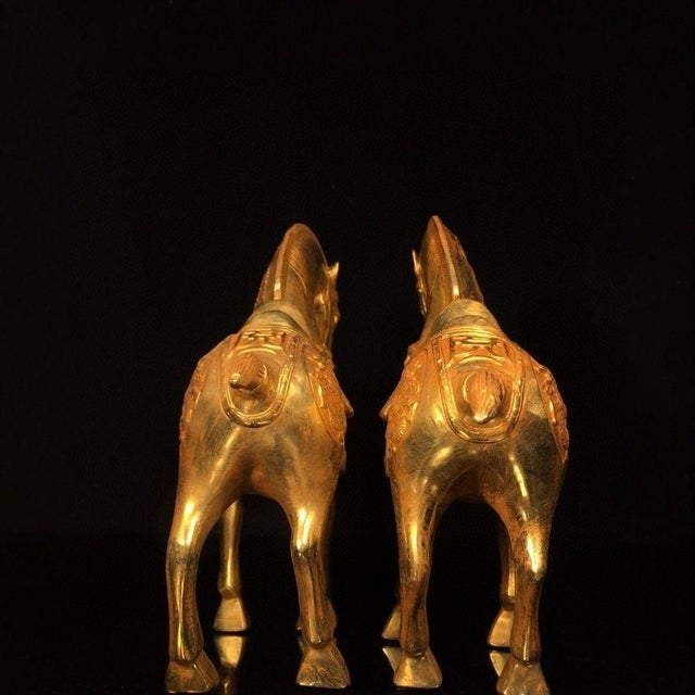 Late 20th Century Pair of Vintage Chinese Gilt Bronze Horse Figures – Tang Style Saddled Horses For Sale - Image 5 of 9