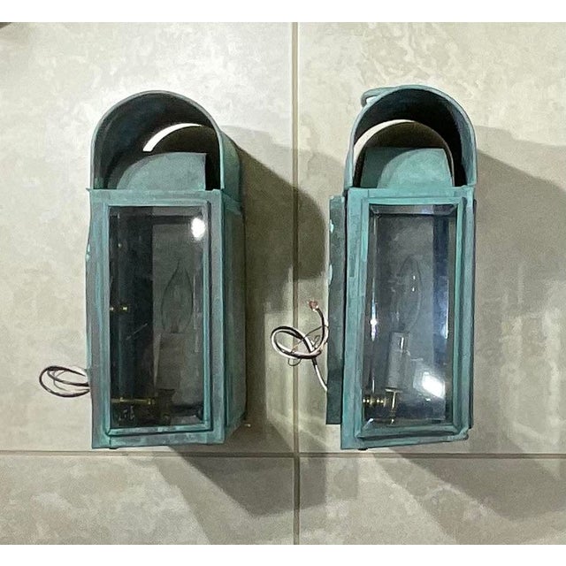 Pair of Antique Verdigris Copper Wall Lanterns – Converted & Electrified For Sale - Image 14 of 17