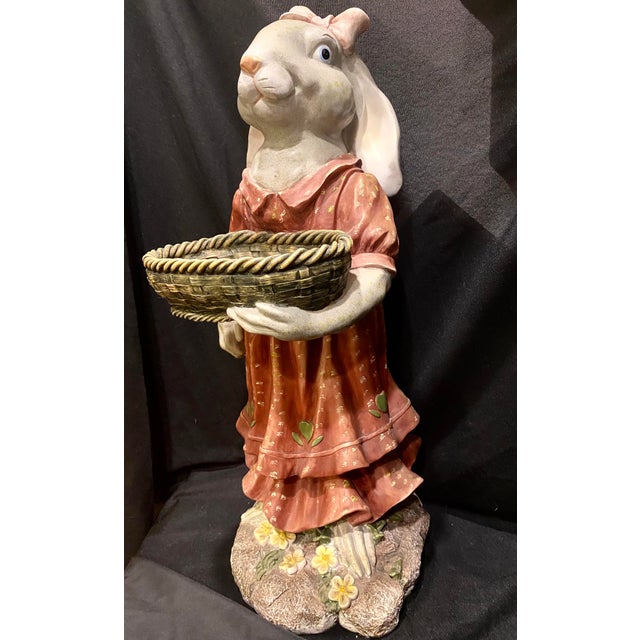 Large Folk Art Country Whimsical Bunny Rabbit Holding a Basket Statue Excellent Condition. For Sale - Image 11 of 11