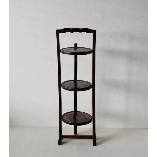 Vintage Mid Century Wood Three Tier Plate Cake Plant Stand, leaf motive detail, good vintage condition with little wear.