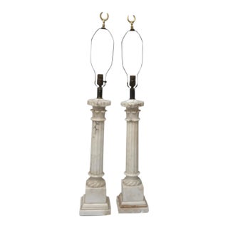 Vintage Italian Neoclassical Alabaster Column Table Lamps With Laurel Wreath Finials - a Pair For Sale