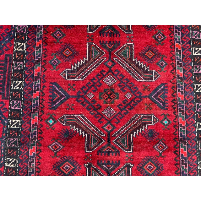 3'10" X 7'10" Vintage Afghan Hand-Knotted Baluchi Rug, Red Tribal Geometric Kitchen Rug For Sale - Image 4 of 12