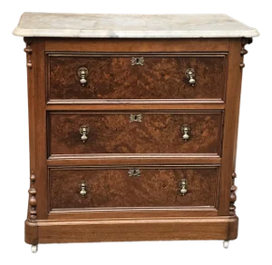 19th Century French Louis Phillipe Burl Walnut Marble Top Rolling Commode Chest of Drawers
