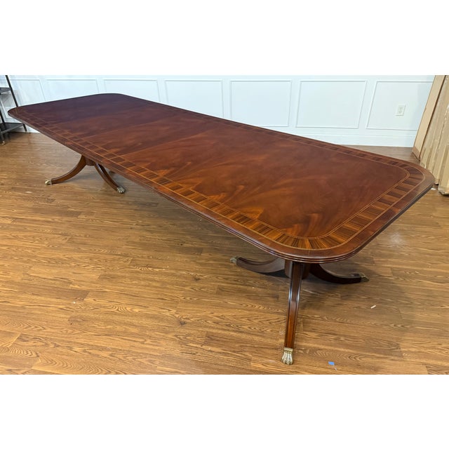 Traditional Multi-Banded Double Pedestal Mahogany Dining Table by Leighton Hall - Showroom Sample For Sale - Image 16 of 18