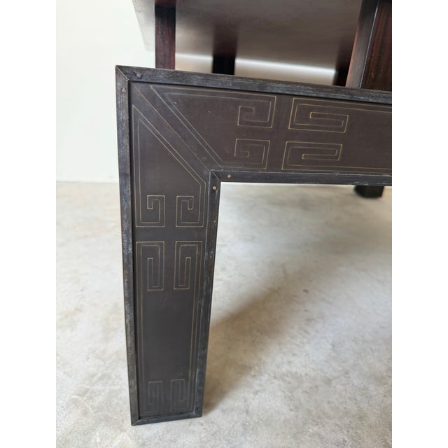 Vintage Hollywood Regency Asian-Inspired Greek Key Bronze & Mahogany Square Coffee Table For Sale - Image 9 of 12