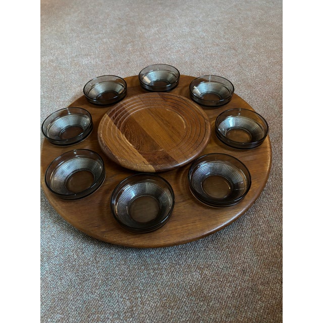 Large Danish Modern circular, teak revolving lazy susan by Digsmed. Made in Denmark and stamped with markers details to...