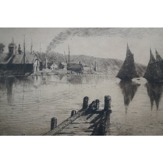 Antique John Hill Millspaugh Signed Nautical Ship Harbor Seascape Etching 29" For Sale - Image 10 of 10