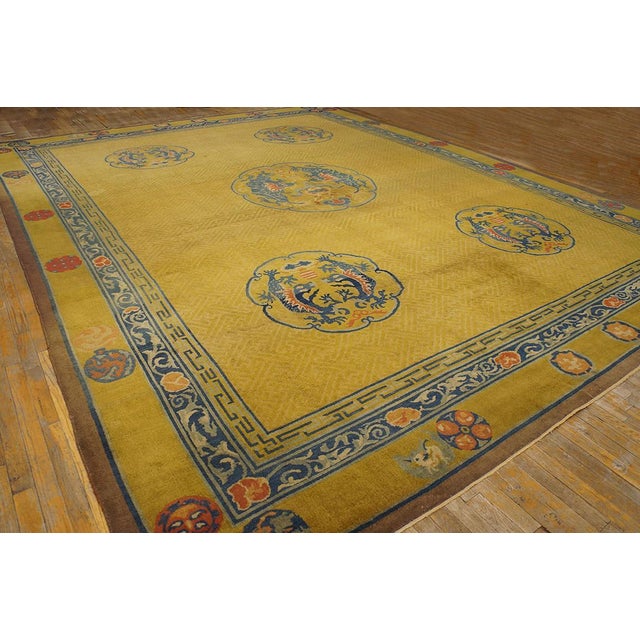 Early 20th Century Chinese Dragon Carpet ( 12' x 15'6" - 366 x 472 ) Dragons on golden background. Antique Wool Hand...
