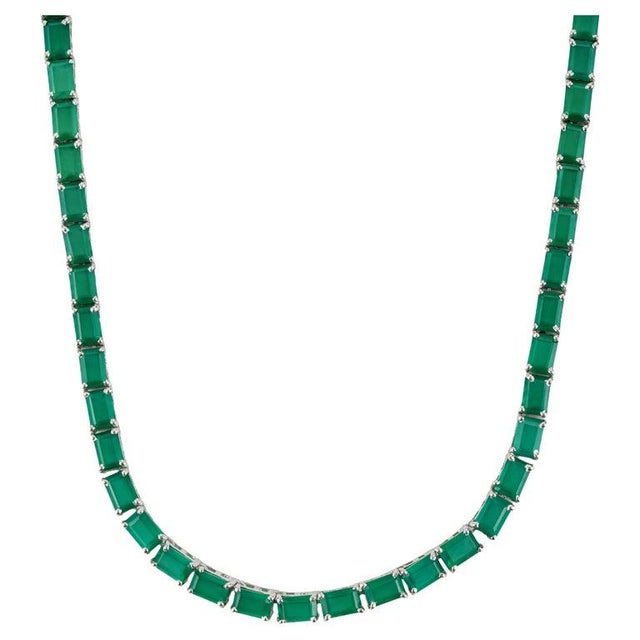 33.30 Ct Green Onyx Tennis Necklace in Sterling Silver Prong Set For Sale - Image 9 of 12