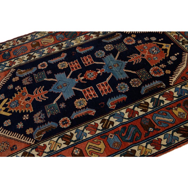 1900 - 1909 Antique Persian Hamadan Handmade Geometric Designed Wool Rug in Navy Blue For Sale - Image 5 of 7