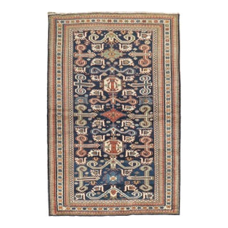 Late 19th Century Antique Zabihi Collection Caucasian Perpedil Blue Rug - 3'5" X 5'1" For Sale