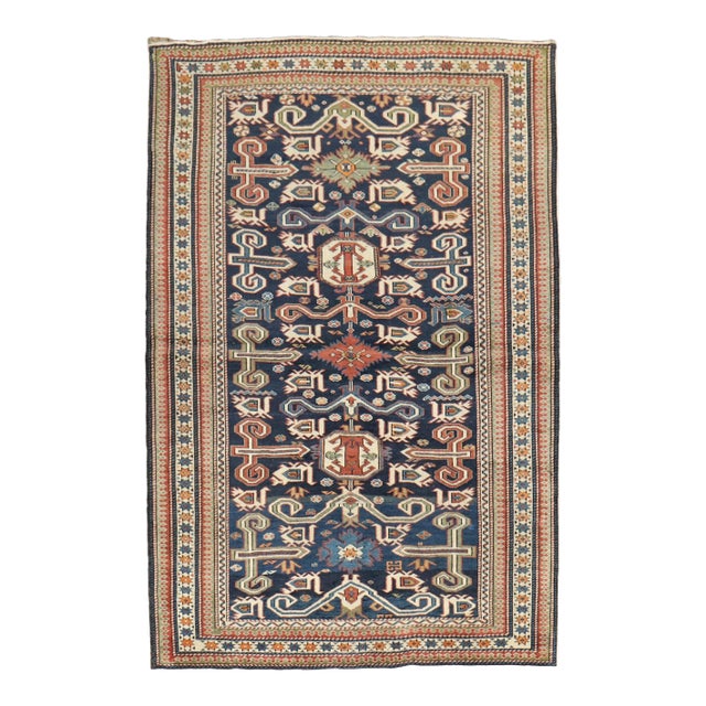 Late 19th Century Antique Zabihi Collection Caucasian Perpedil Blue Rug - 3'5" X 5'1" For Sale