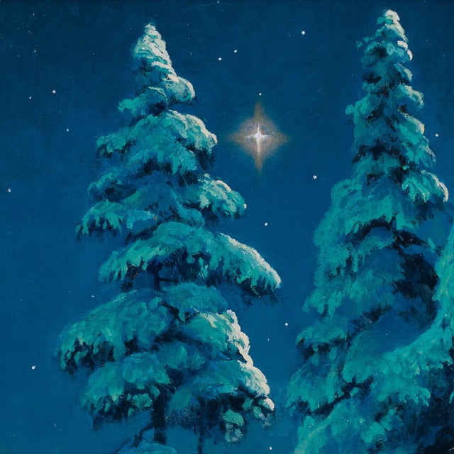 Oh Night Divine, Luke 2:1-20 by Thomas Kegler | Oil on board Night scene with snow-covered trees and a star. For Sale - Image 4 of 5