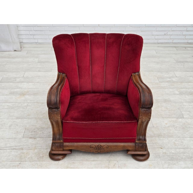 Mid-Century Modern Danish Relax Armchair in Furniture Velour and Carved Oak Wood, 1950s For Sale - Image 3 of 18