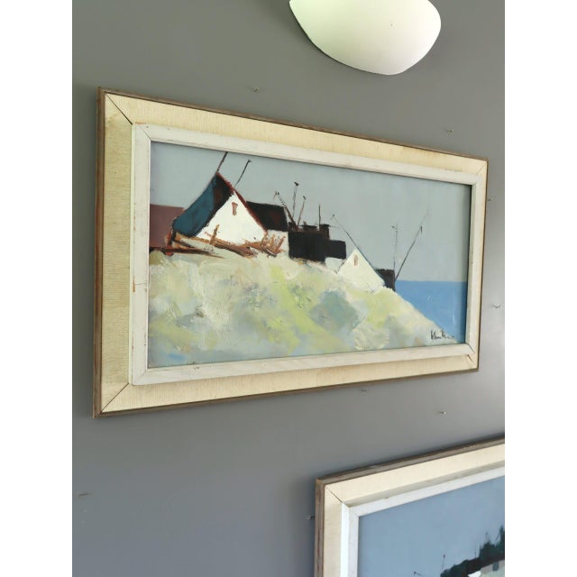 1960s Mid-Century Modern 'Cliffside Houses' Swedish Original Coastal Landscape Oil Painting, Framed For Sale - Image 5 of 13