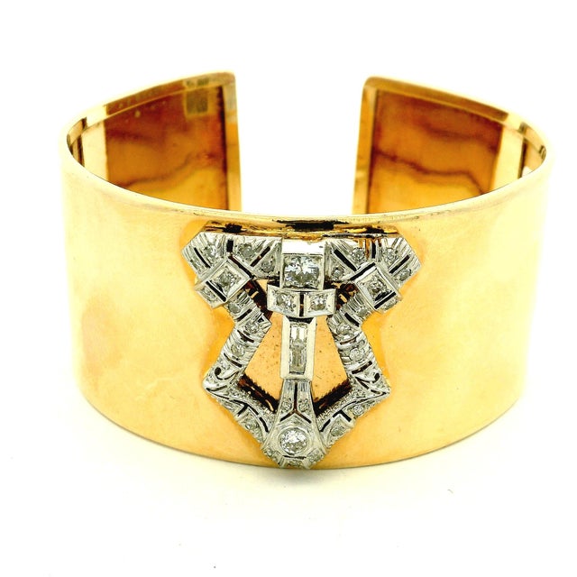 A one-of-a-kind marriage cuff combining an Art Deco platinum and diamond element, circa 1930, with a substantial polished...