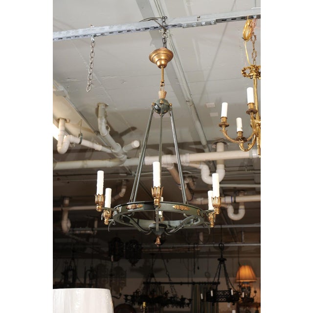 Metal 6-Light French Regency Chandelier in Deep Green & Gilt, C. 1940s For Sale - Image 7 of 9