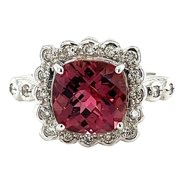 Mid 20th Century 5.2 Carat Cushion Checkerboard Cut Pink Tourmaline & Diamond 18k Ring Size 8 For Sale