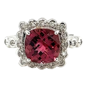 Mid 20th Century 5.2 Carat Cushion Checkerboard Cut Pink Tourmaline & Diamond 18k Ring Size 8