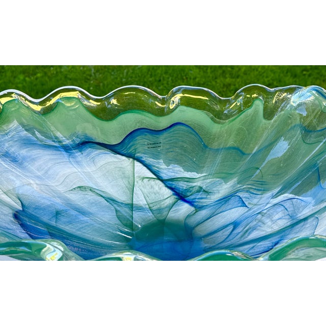 1980s Murano Green and Blue Scalloped Large Glass Statement Bowl For Sale - Image 5 of 10