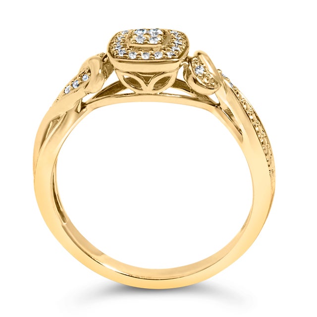 Early 21st Century 14K Yellow Gold Plated .925 Sterling Silver 1/10 Cttw Round-Cut Diamond Composite Halo Engagement Ring (I-J Color, I3 Clarity)- Size 8 For Sale - Image 5 of 7