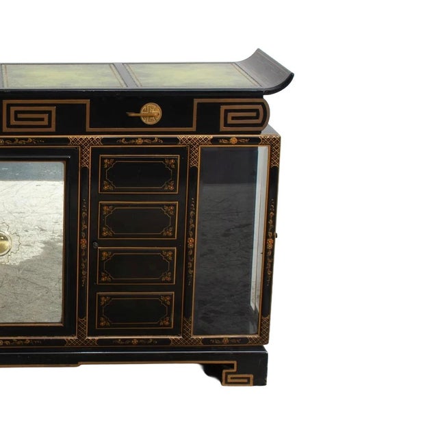 Black Lacquered & Gilt Decorated Details /Green Leather Top Sideboard / Server For Sale - Image 12 of 12