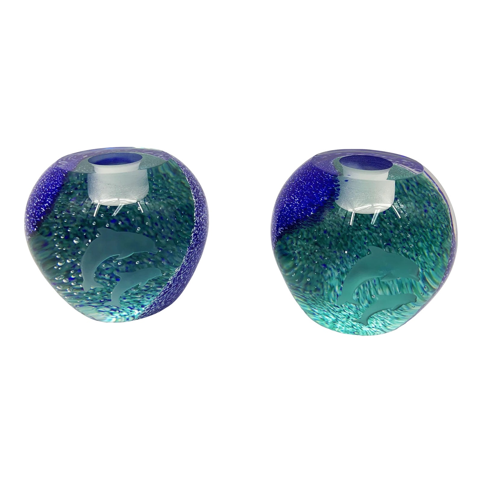1990s Lenox Caithness Dolphin Undersea Crystal Round Candle Holders