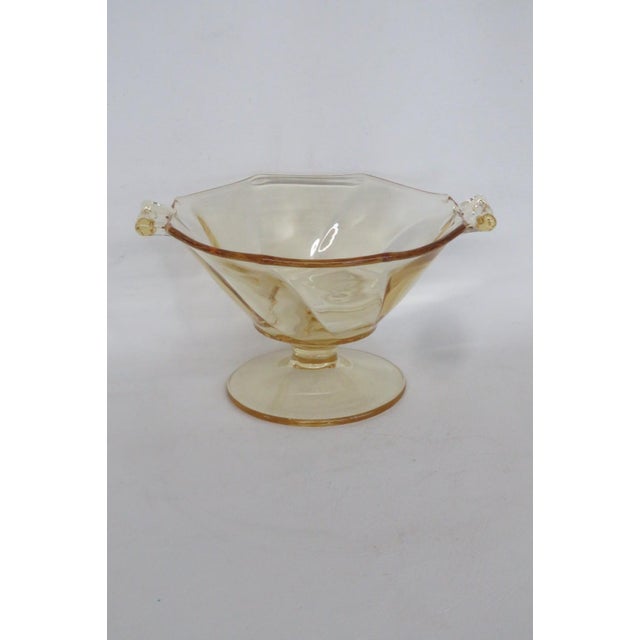 Yellow Depression Glass Pedestal Bowl Octagonal Swirl Pattern With Handles 4891b For Sale In Miami - Image 6 of 13