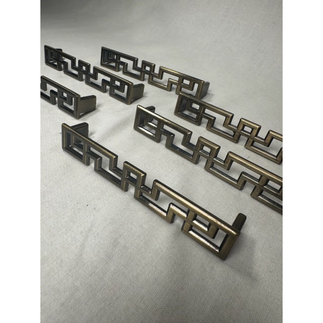 Bronze Vintage Contemporary Geometric Aged Bronze Greek Key Cabinetry Hardware Pulls, Set of 6 For Sale - Image 8 of 12