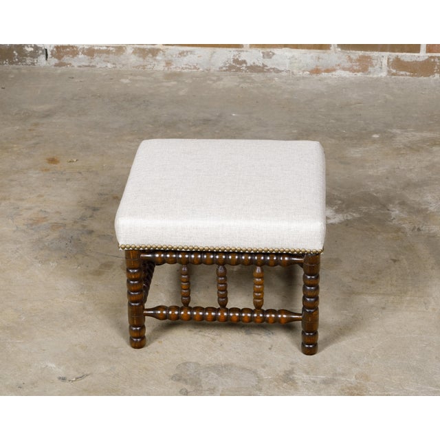 Brown 19th Century English Turned Bobbin Legs Stool with Linen Upholstery For Sale - Image 8 of 10