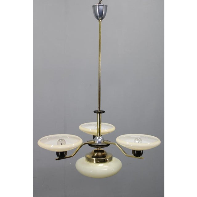 Art Deco Brass, Glass, and Aluminum Chandelier with Cream Glass, Czechoslovakia, 1930s For Sale - Image 4 of 14