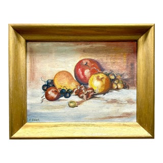 Mid-Century Fruit Still Life Oil Painting, Apples, Pear and Grapes, Signed N. Gebert, Gilt-Washed Oak Frame For Sale