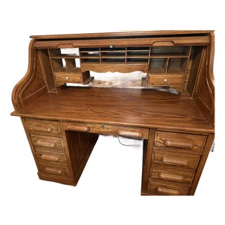 Vintage (Circa 1982) Oak Roll-Top Secretary Desk in Rich, Warm Honey-Brown Finish. For Sale