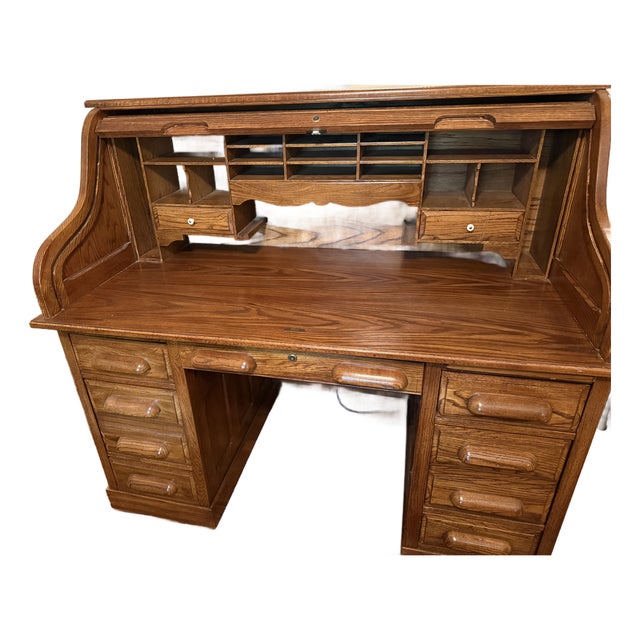Vintage (Circa 1982) Oak Roll-Top Secretary Desk in Rich, Warm Honey-Brown Finish. For Sale